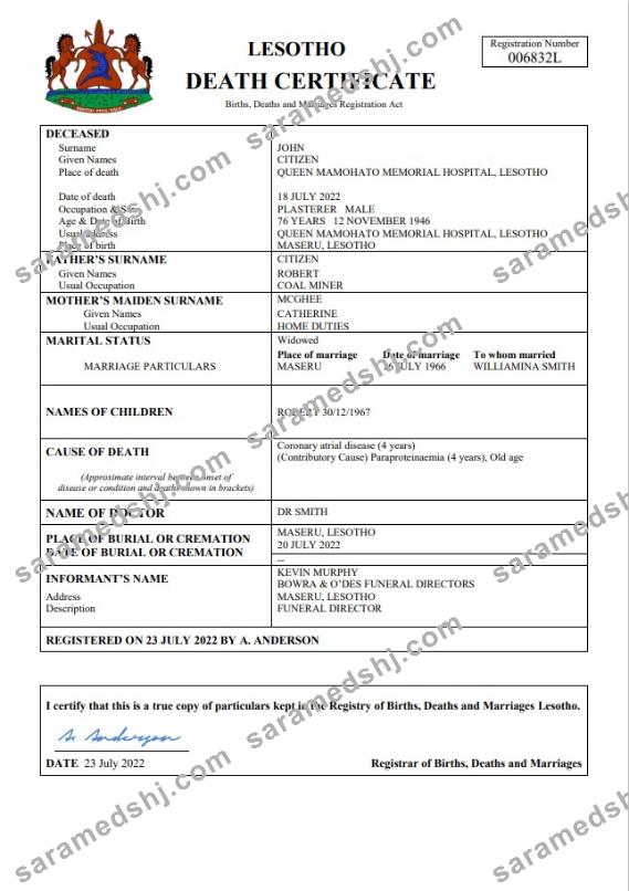 Lesotho vital record death certificate Word and PDF template